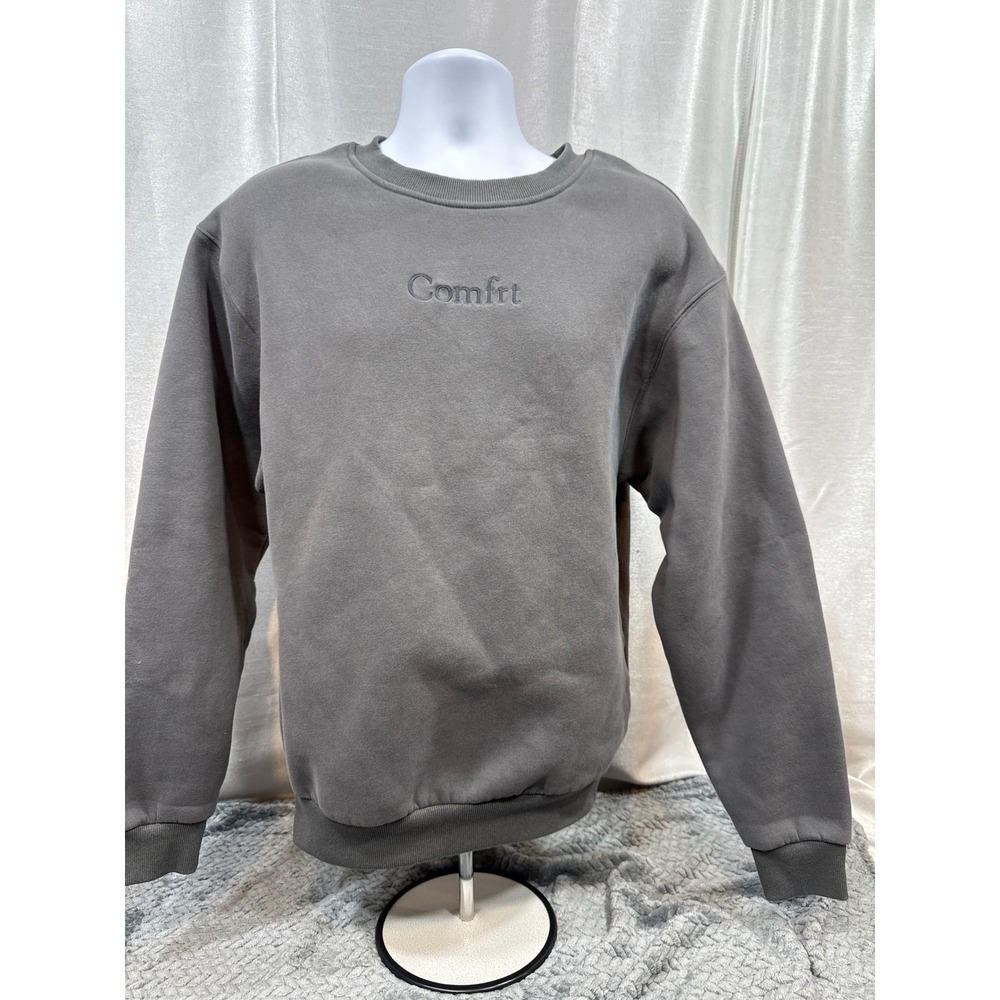 Comfrt Mens Crewneck Sweatshirt Charcoal Gray Embroidered Logo XS Relaxed Fit